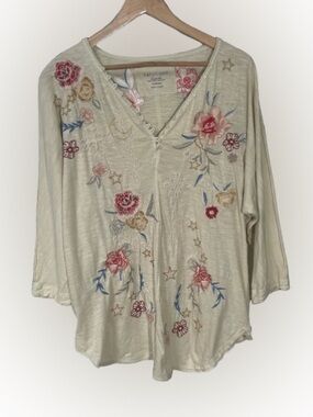 Karyn Seo Blouse Top Women's Medium Embroidered Button Beige Multicolor Boho